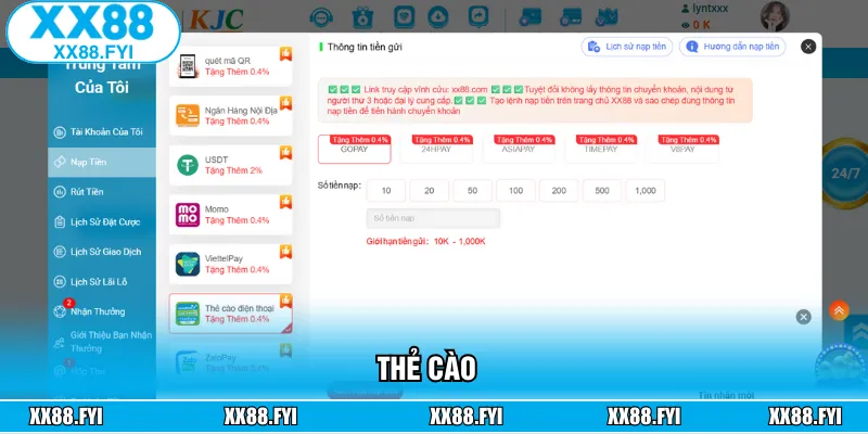 Cách thực hiện nạp tiền XX88 nhanh chóng bằng phương thức thẻ cào